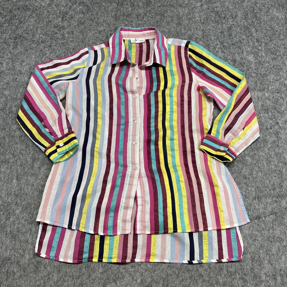 Lena Gabrielle Shirt Womens Large Multicolor‎ Striped Button Up Linen Blend Top